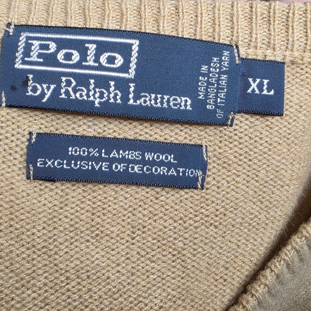 Polo Ralph Lauren Mens XL Lambswool Sweater Camel Tan V Neck Pony Preppy - Picture 5 of 6